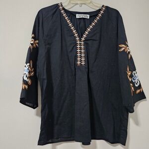 One Eleven North Womens XL Black Cotton Embroidered Floral‎ Peasant Blouse Top